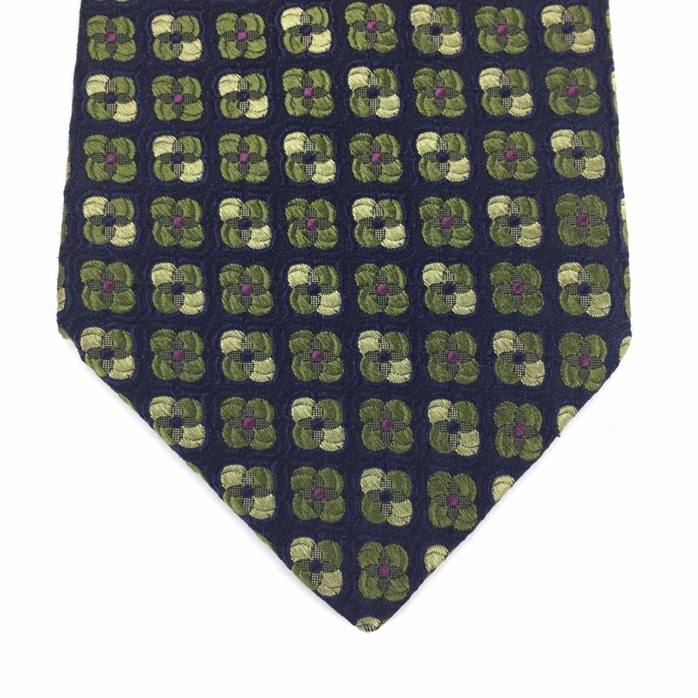 IKE BEHAR New York Navy Blue Green Geometric Print 100% Silk Elegant Tie